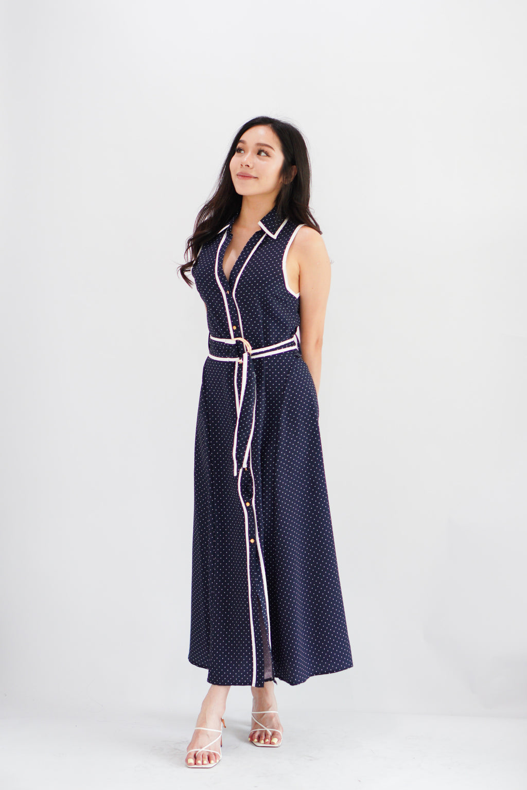 Vannah Collar Tie-Waist Sleeveless Polkadot Maxi Dress in Dark Blue