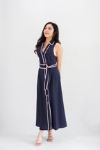 Vannah Collar Tie-Waist Sleeveless Polkadot Maxi Dress in Dark Blue