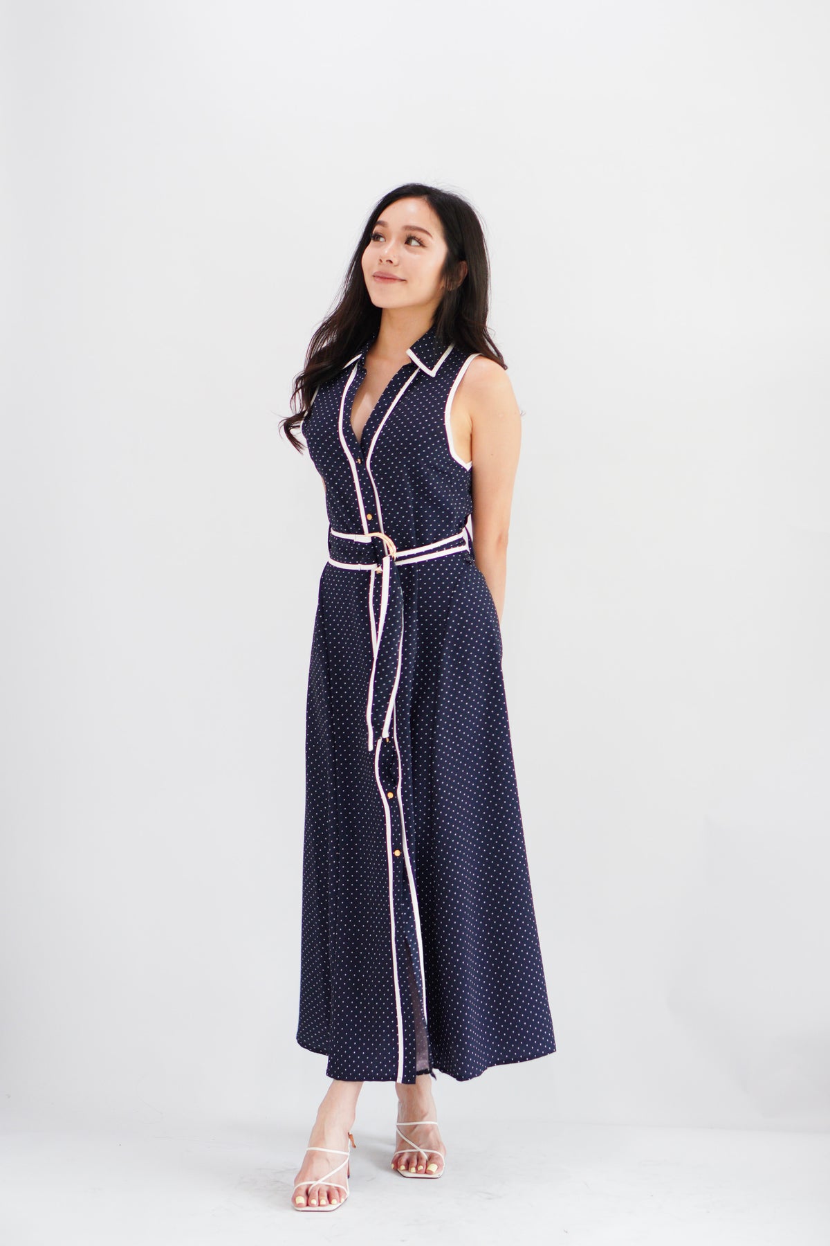 Vannah Collar Tie-Waist Sleeveless Polkadot Maxi Dress in Dark Blue