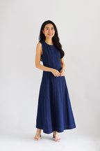 Vica Denim Boat Neck Maxi A-line Dress in Blue