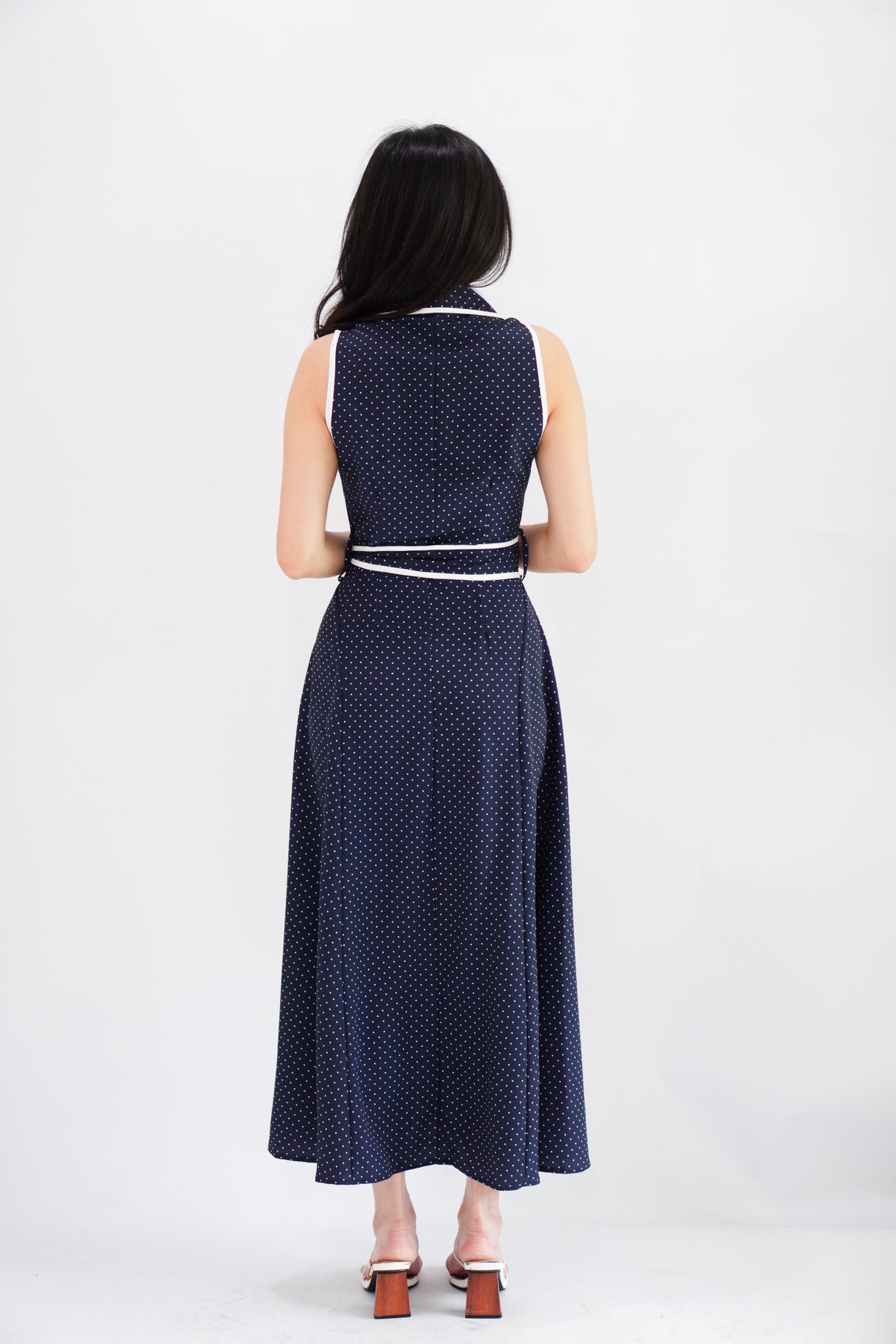 Vannah Collar Tie-Waist Sleeveless Polkadot Maxi Dress in Dark Blue