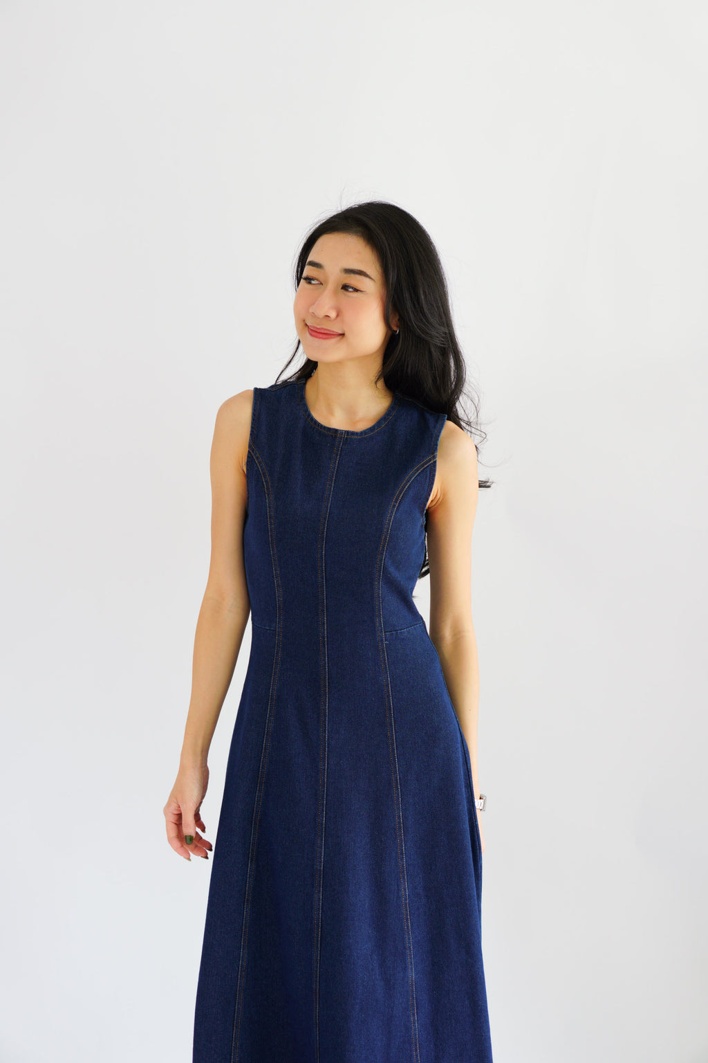 Vica Denim Boat Neck Maxi A-line Dress in Blue