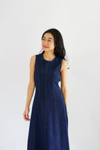 Vica Denim Boat Neck Maxi A-line Dress in Blue