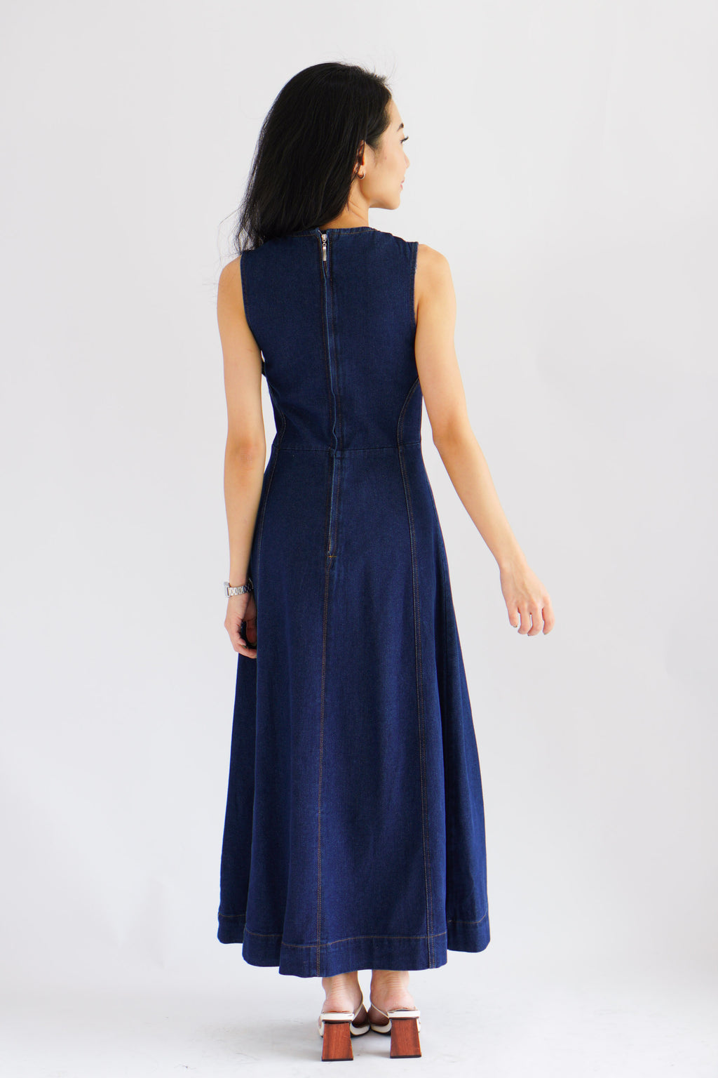 Vica Denim Boat Neck Maxi A-line Dress in Blue