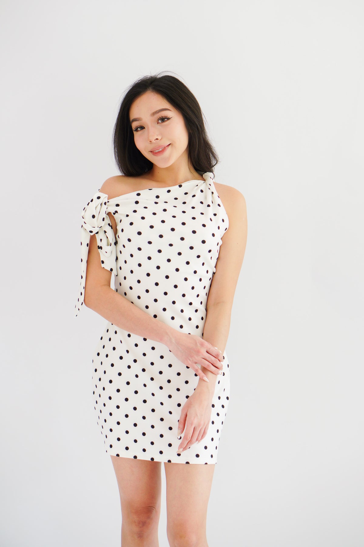 Miuzy Polkadot Toga Mini Bodycon Dress in White