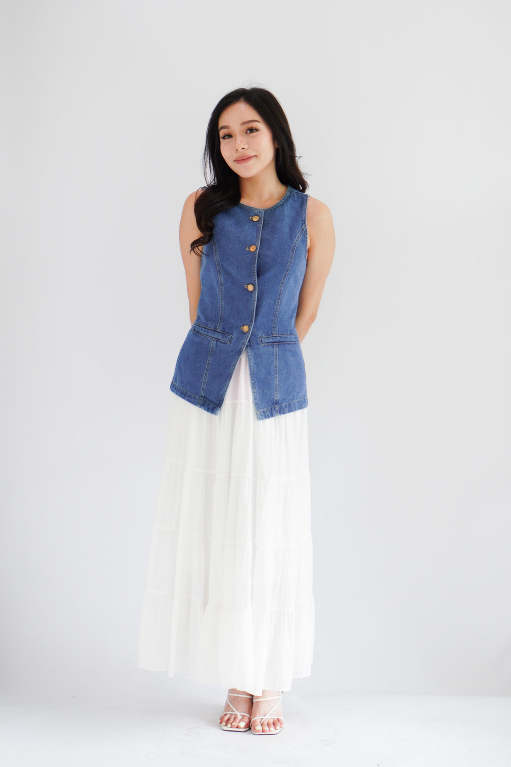 Piper Denim Vest Button Down Top in Blue