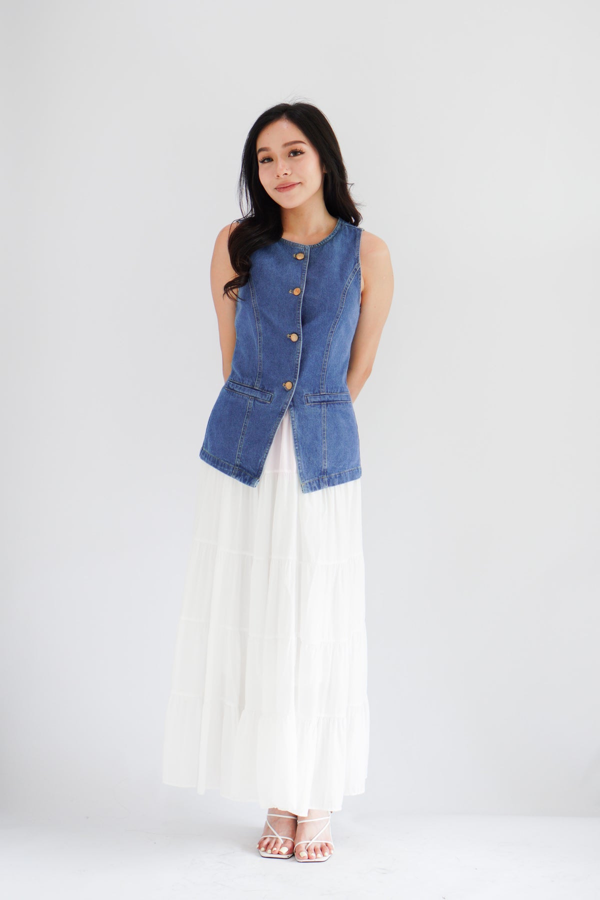 Piper Denim Vest Button Down Top in Blue