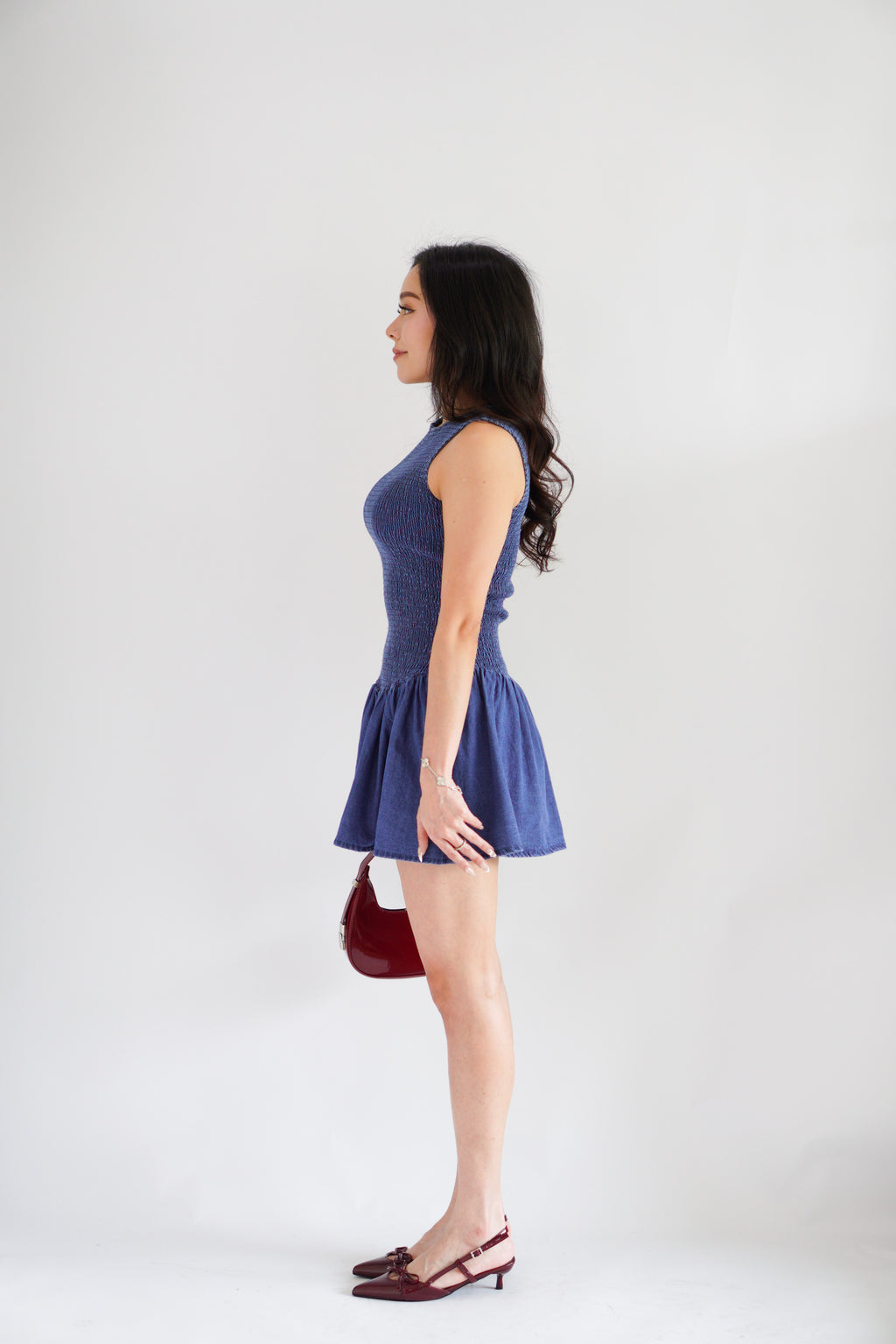 Emery Smocked Denim Mini Dress in Blue