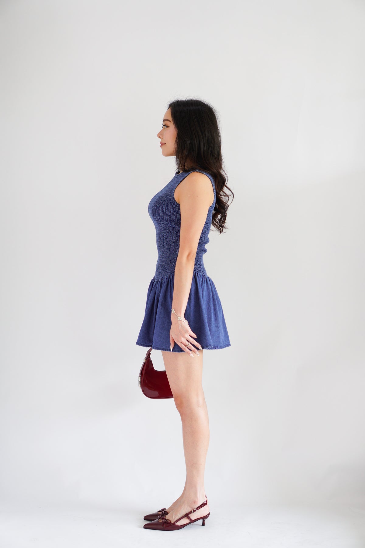 Emery Smocked Denim Mini Dress in Blue