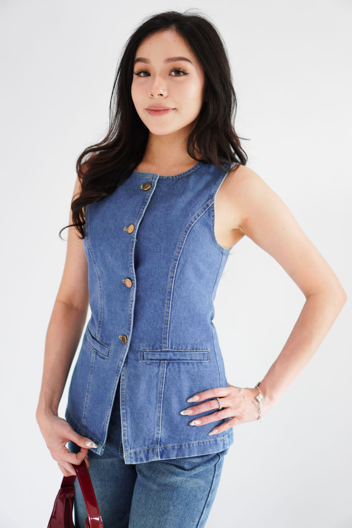 Piper Denim Vest Button Down Top in Blue