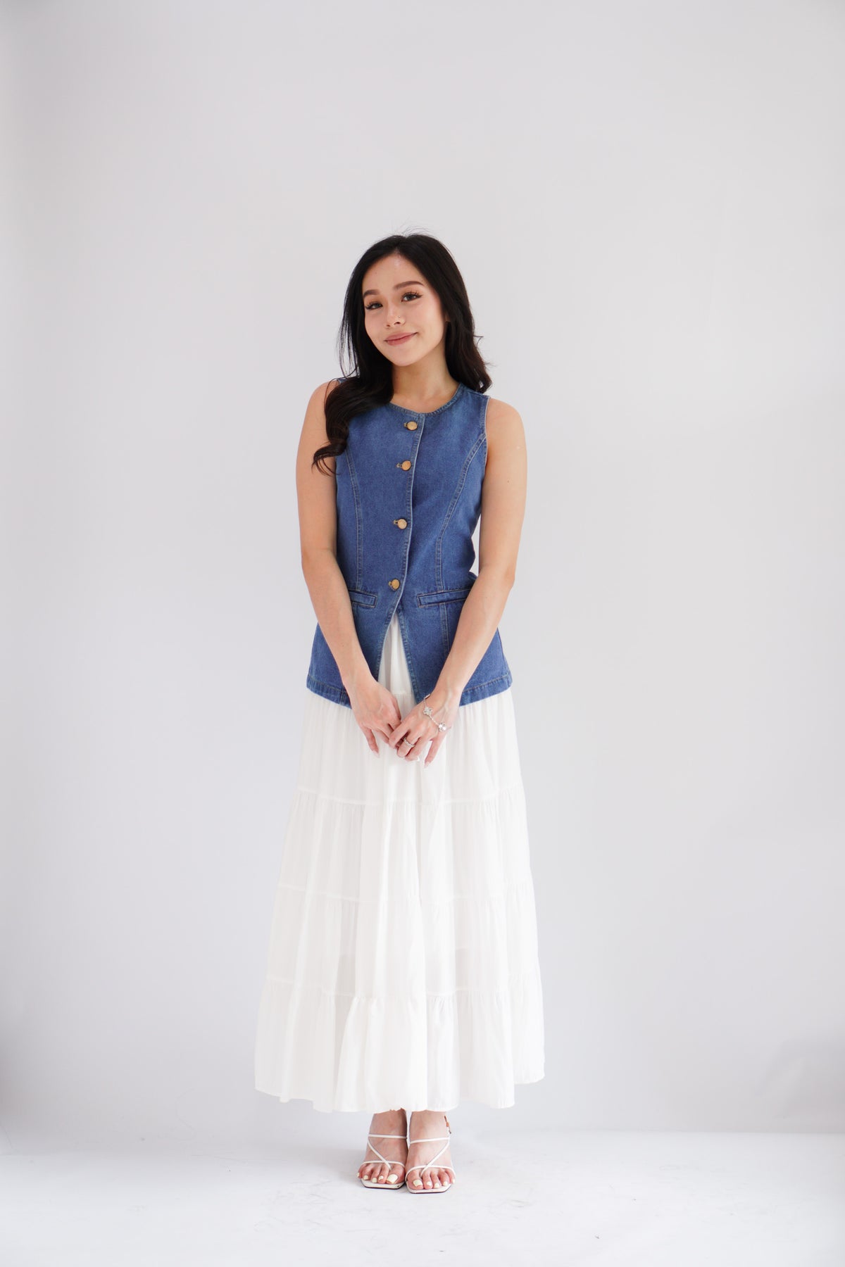 Piper Denim Vest Button Down Top in Blue