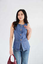 Piper Denim Vest Button Down Top in Blue