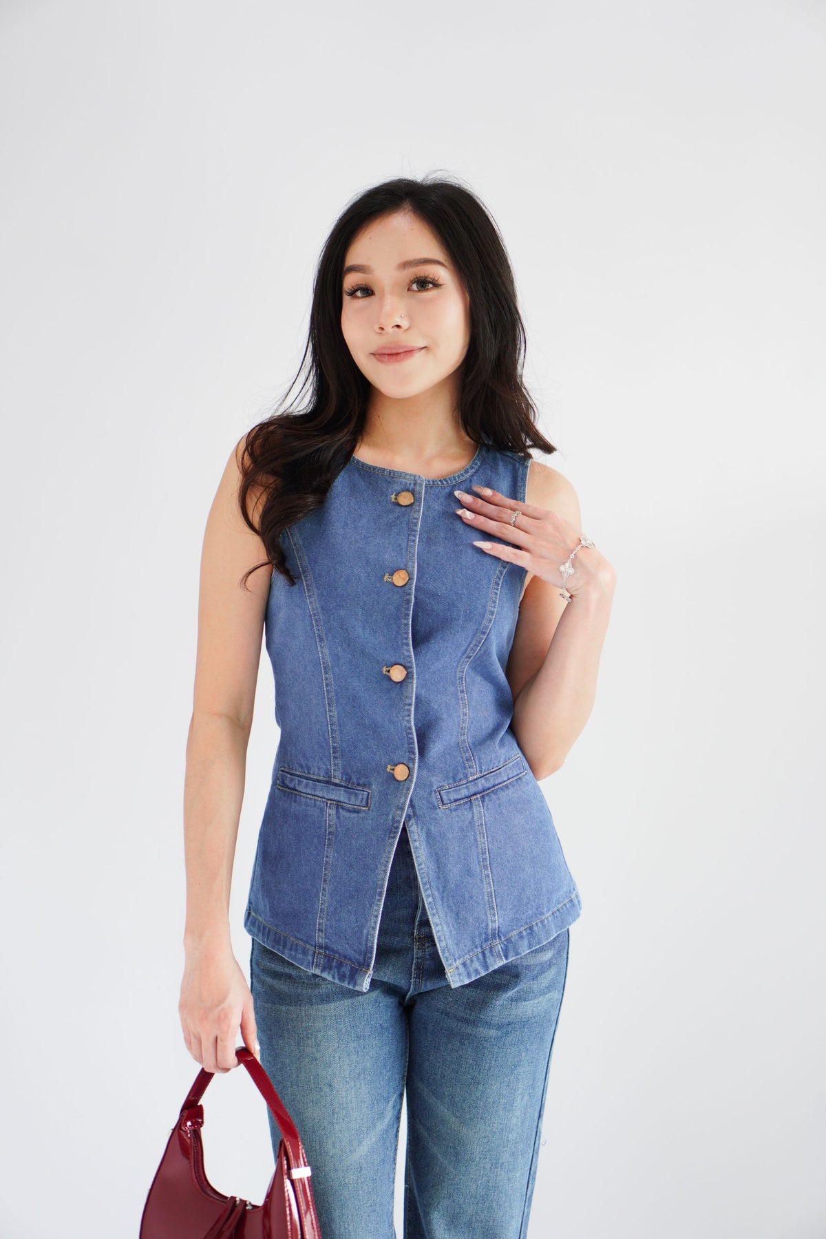 Piper Denim Vest Button Down Top in Blue