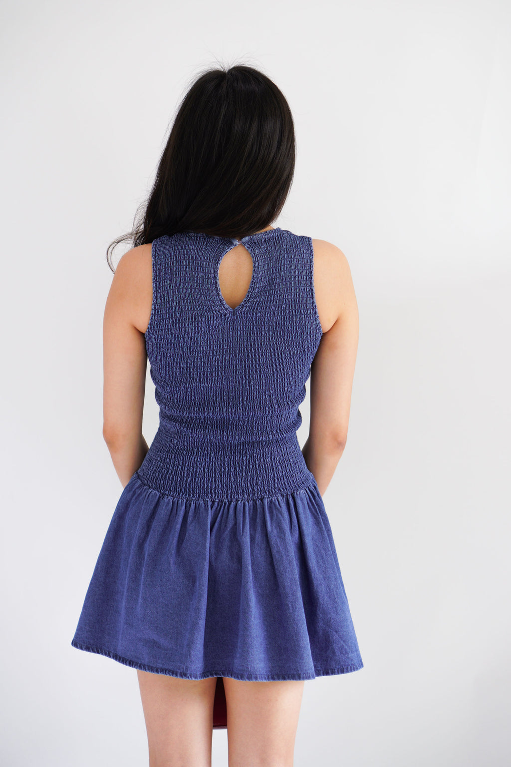 Emery Smocked Denim Mini Dress in Blue