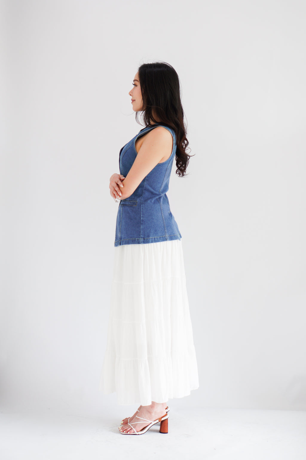 Piper Denim Vest Button Down Top in Blue