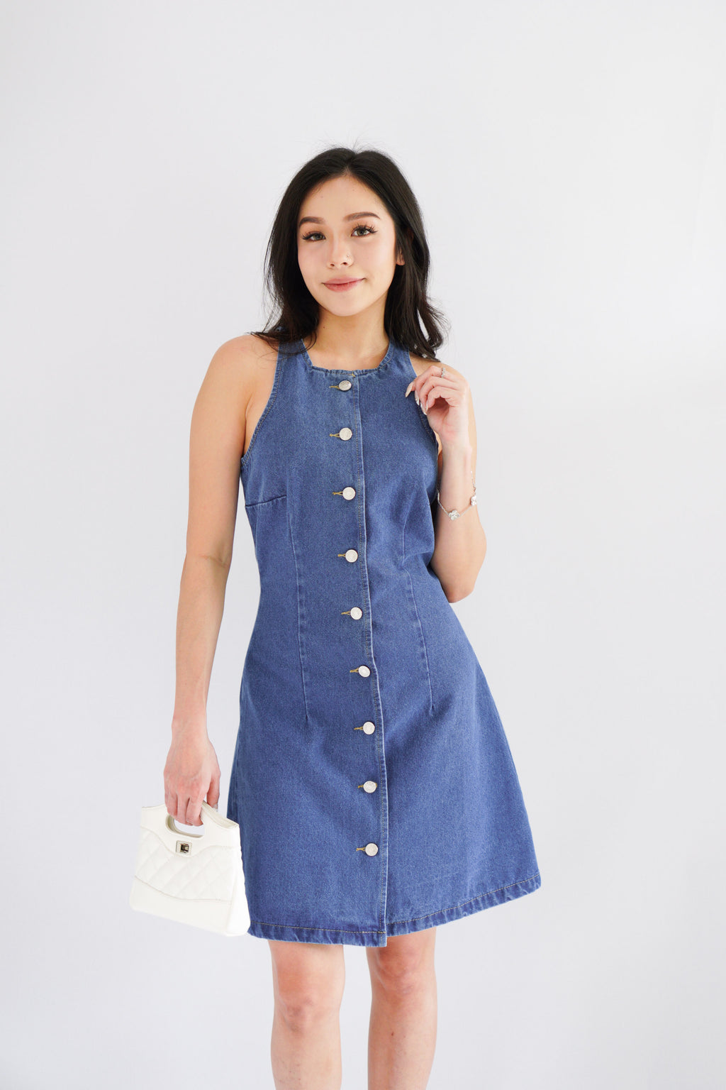 Selah High Neck Button Down Denim Dress in Blue