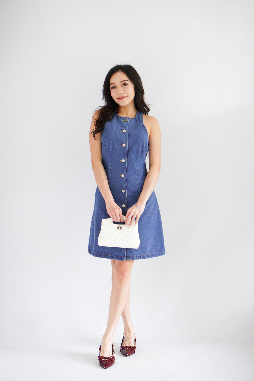 Selah High Neck Button Down Denim Dress in Blue