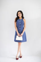Selah High Neck Button Down Denim Dress in Blue