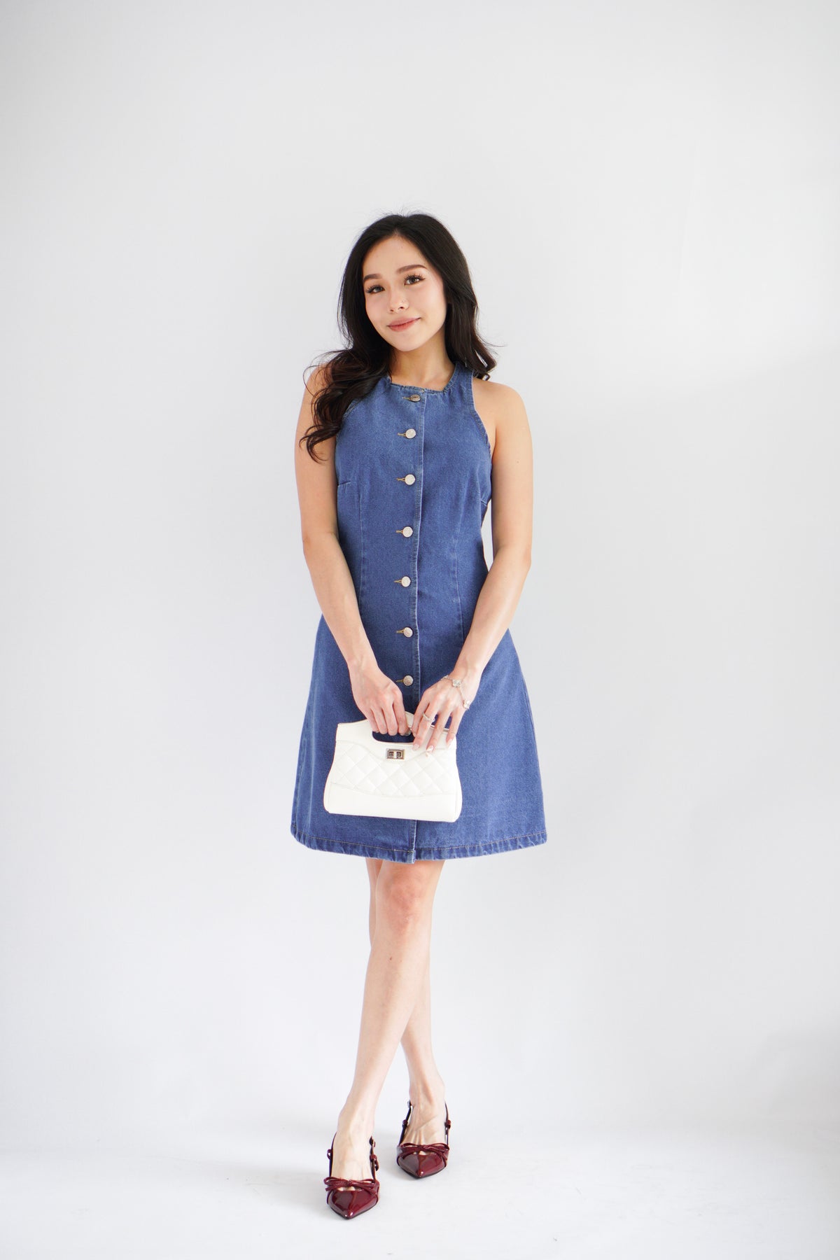 Selah High Neck Button Down Denim Dress in Blue