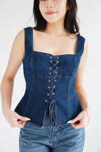 Sia Denim Corset Lace Up Top in Blue
