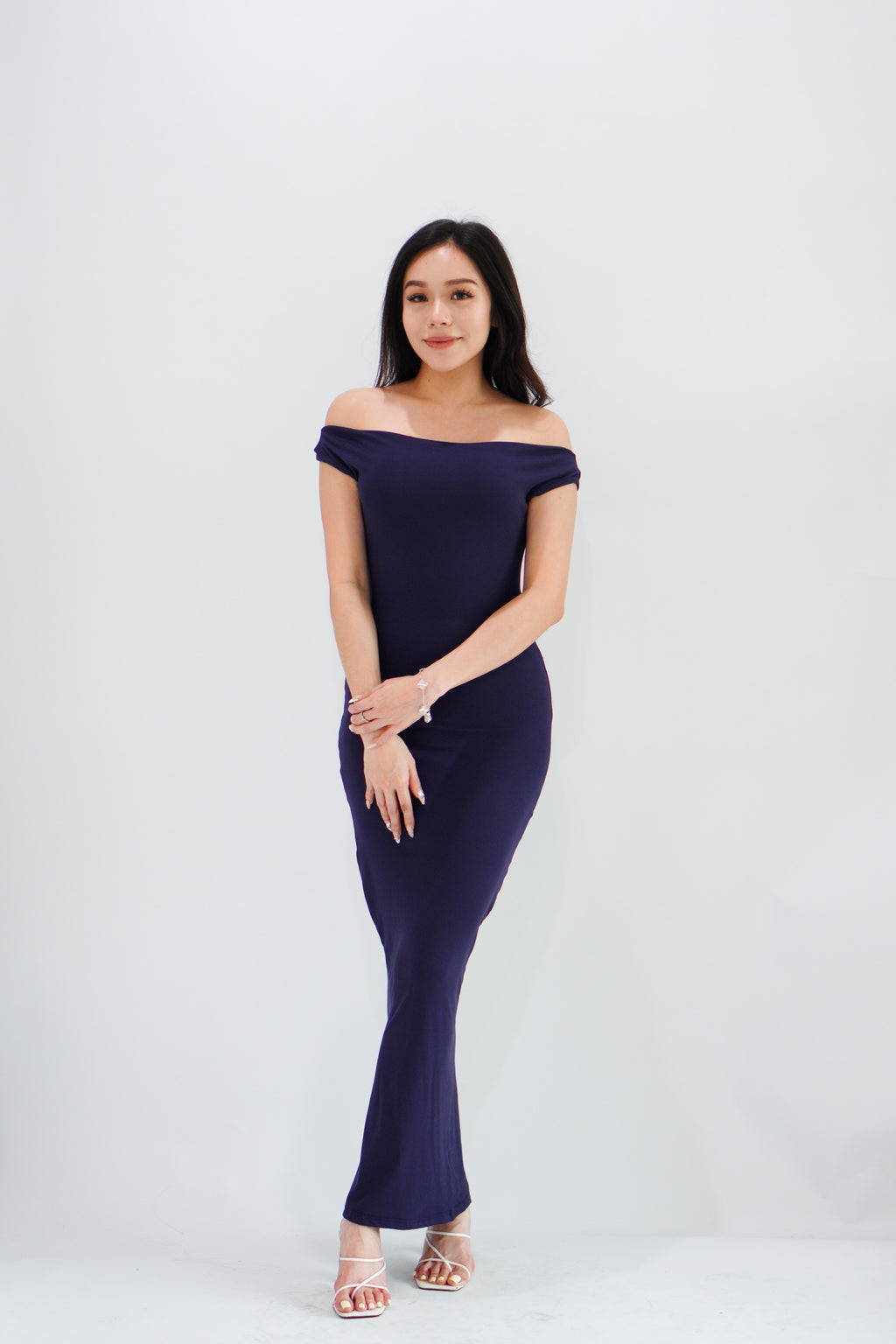 Fenka Off Shoulder Ruched Waist Maxi Bodycon Dress in Dark Blue
