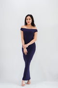 Fenka Off Shoulder Ruched Waist Maxi Bodycon Dress in Dark Blue