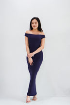 Fenka Off Shoulder Ruched Waist Maxi Bodycon Dress in Dark Blue