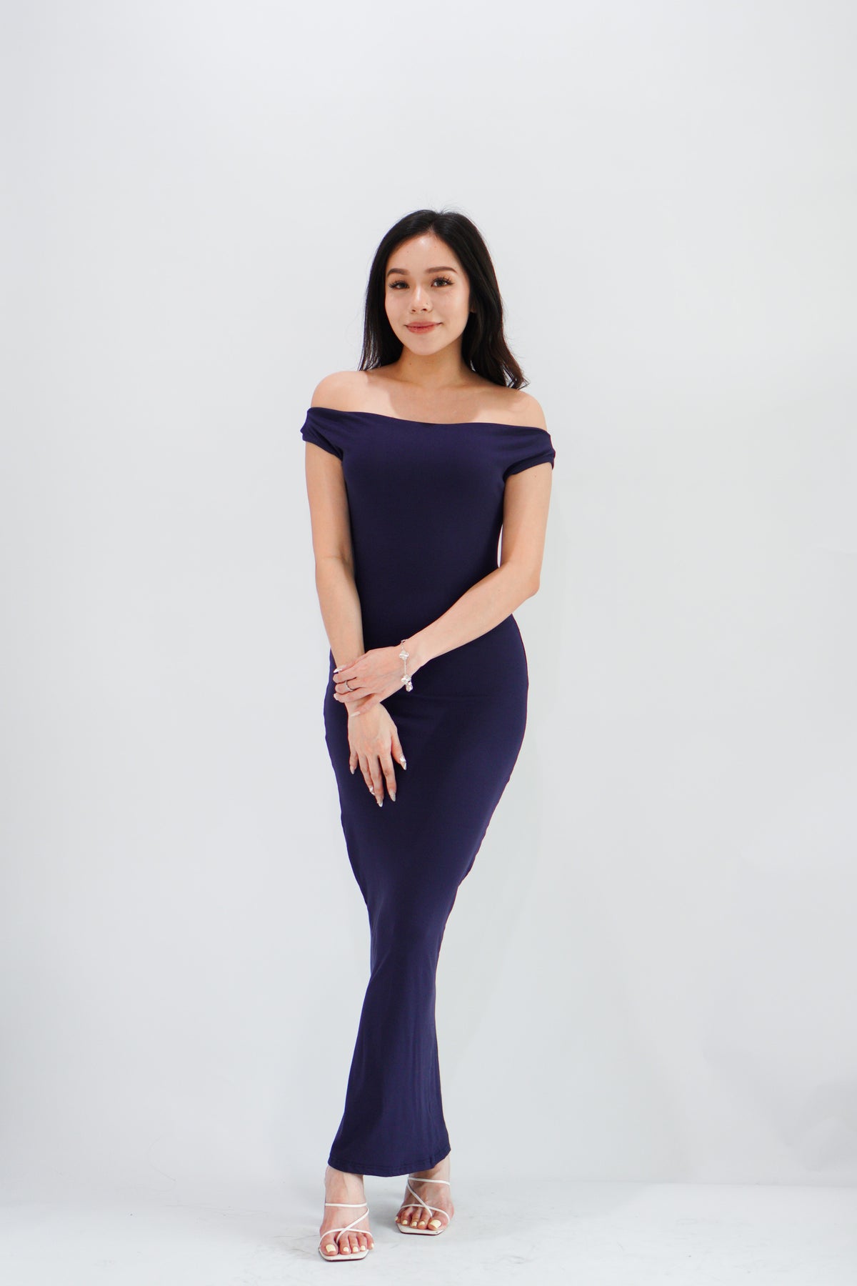 Fenka Off Shoulder Ruched Waist Maxi Bodycon Dress in Dark Blue