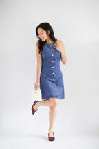 Selah High Neck Button Down Denim Dress in Blue