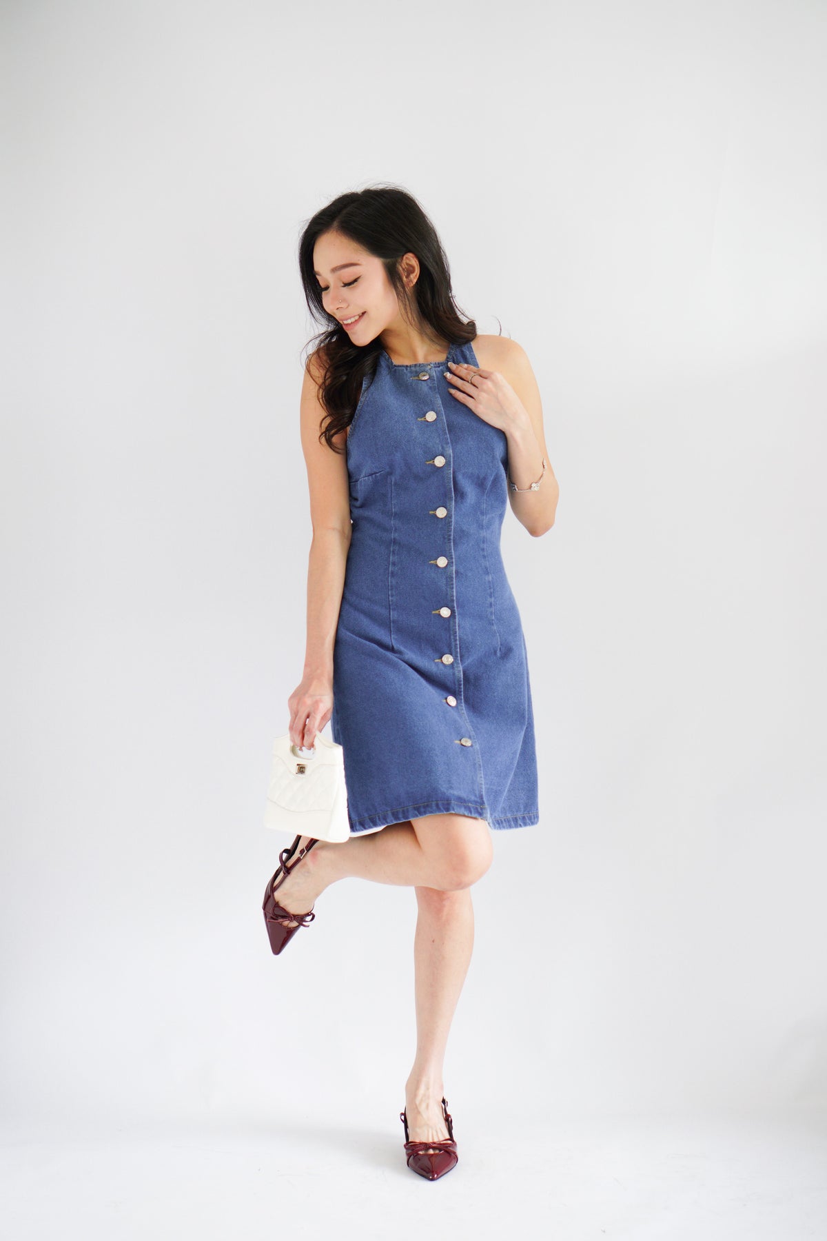 Selah High Neck Button Down Denim Dress in Blue
