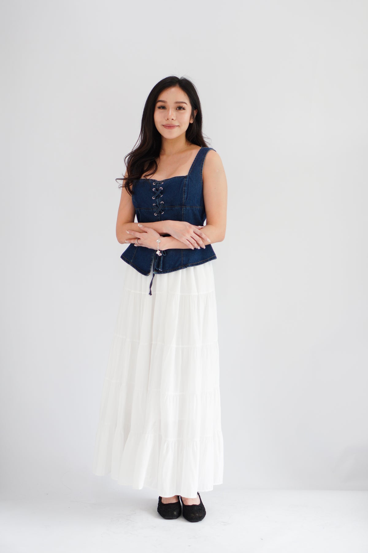 Sia Denim Corset Lace Up Top in Blue
