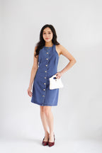 Selah High Neck Button Down Denim Dress in Blue