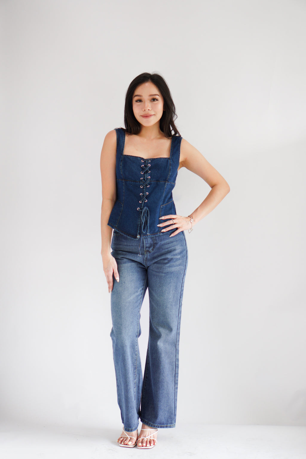 Sia Denim Corset Lace Up Top in Blue