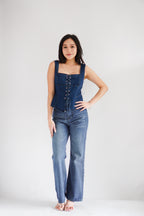 Sia Denim Corset Lace Up Top in Blue