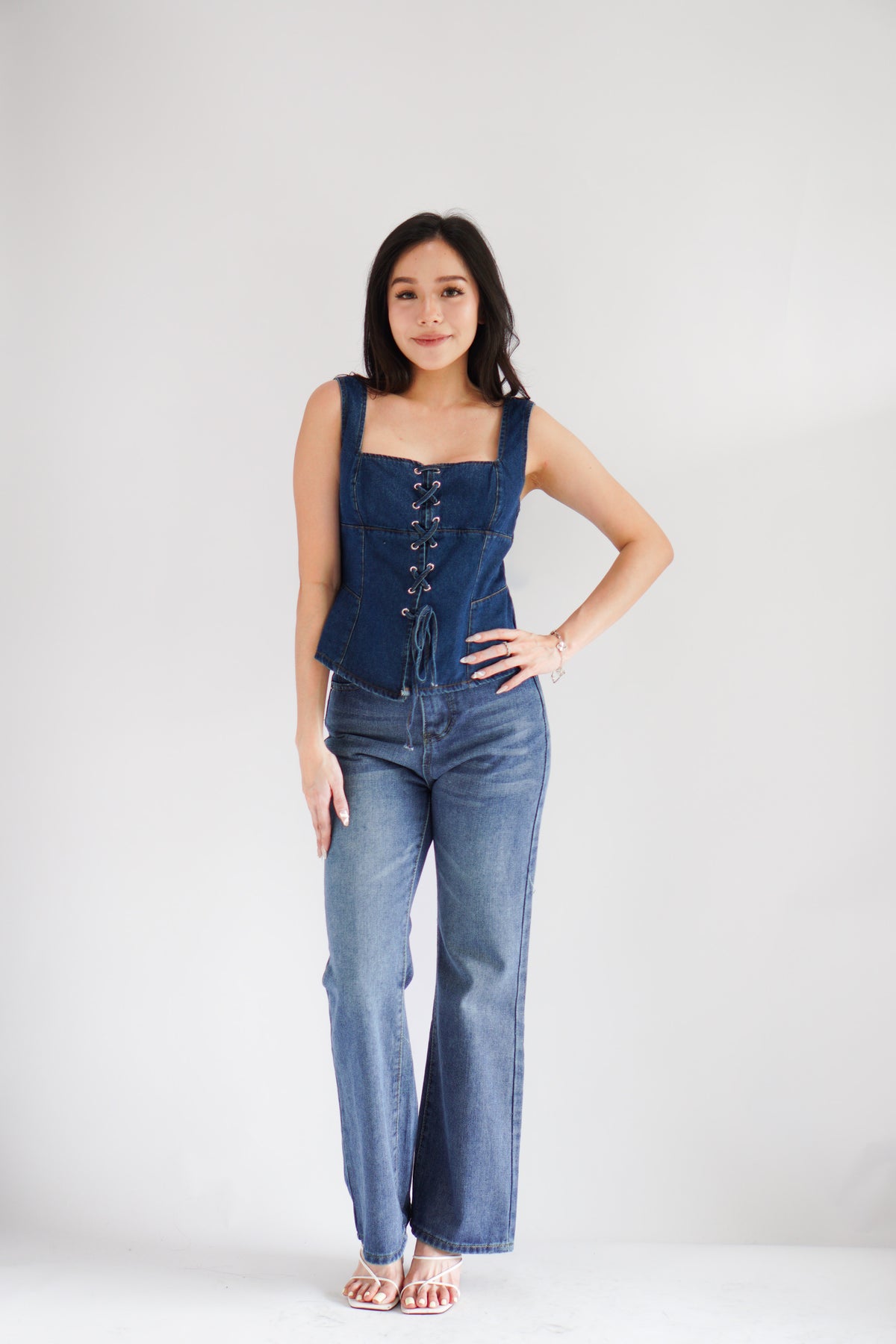Sia Denim Corset Lace Up Top in Blue
