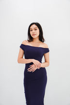 Fenka Off Shoulder Ruched Waist Maxi Bodycon Dress in Dark Blue