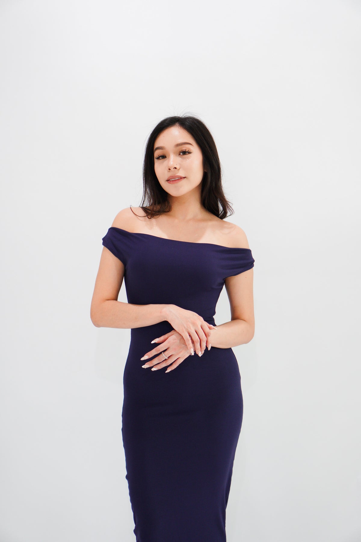 Fenka Off Shoulder Ruched Waist Maxi Bodycon Dress in Dark Blue