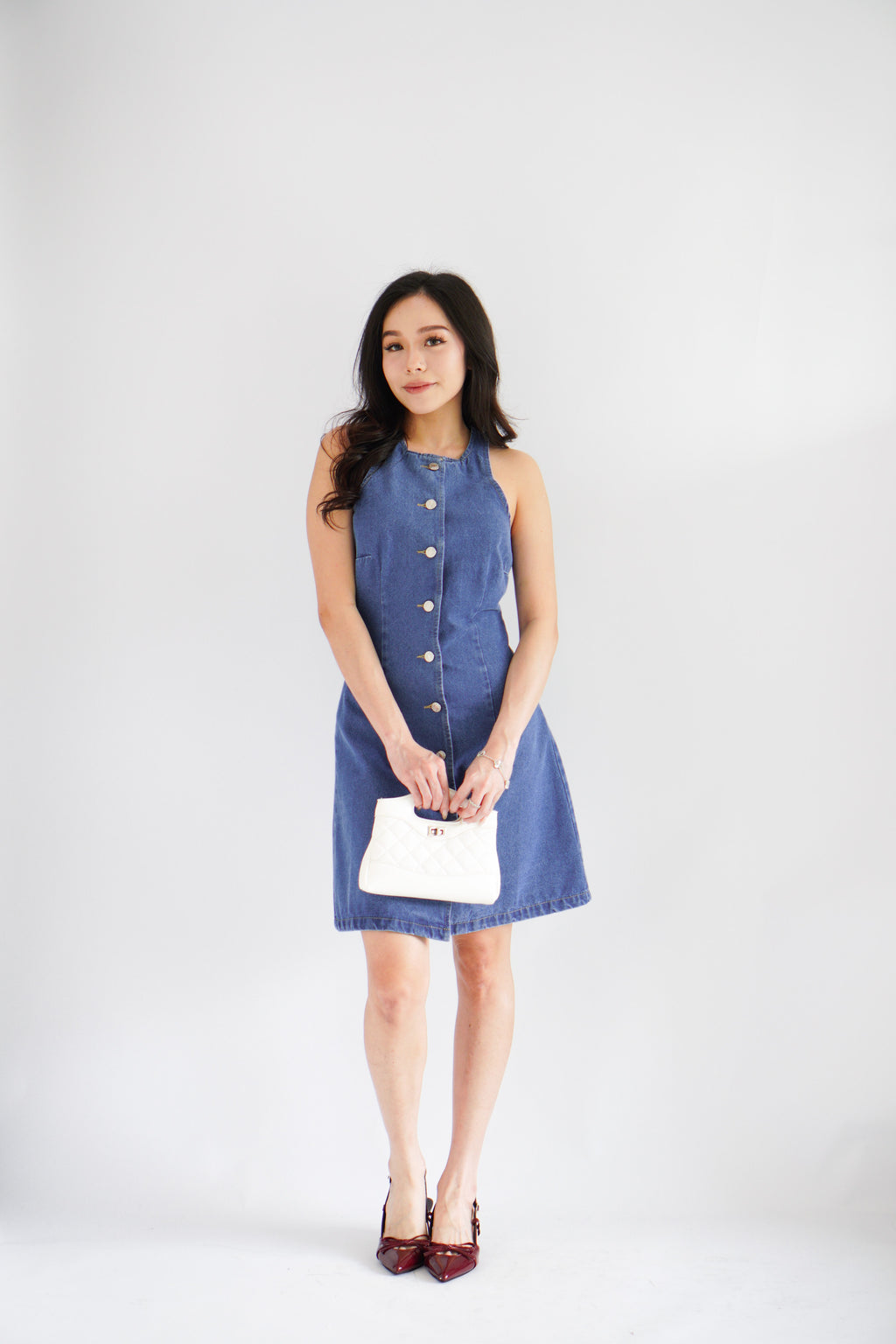 Selah High Neck Button Down Denim Dress in Blue