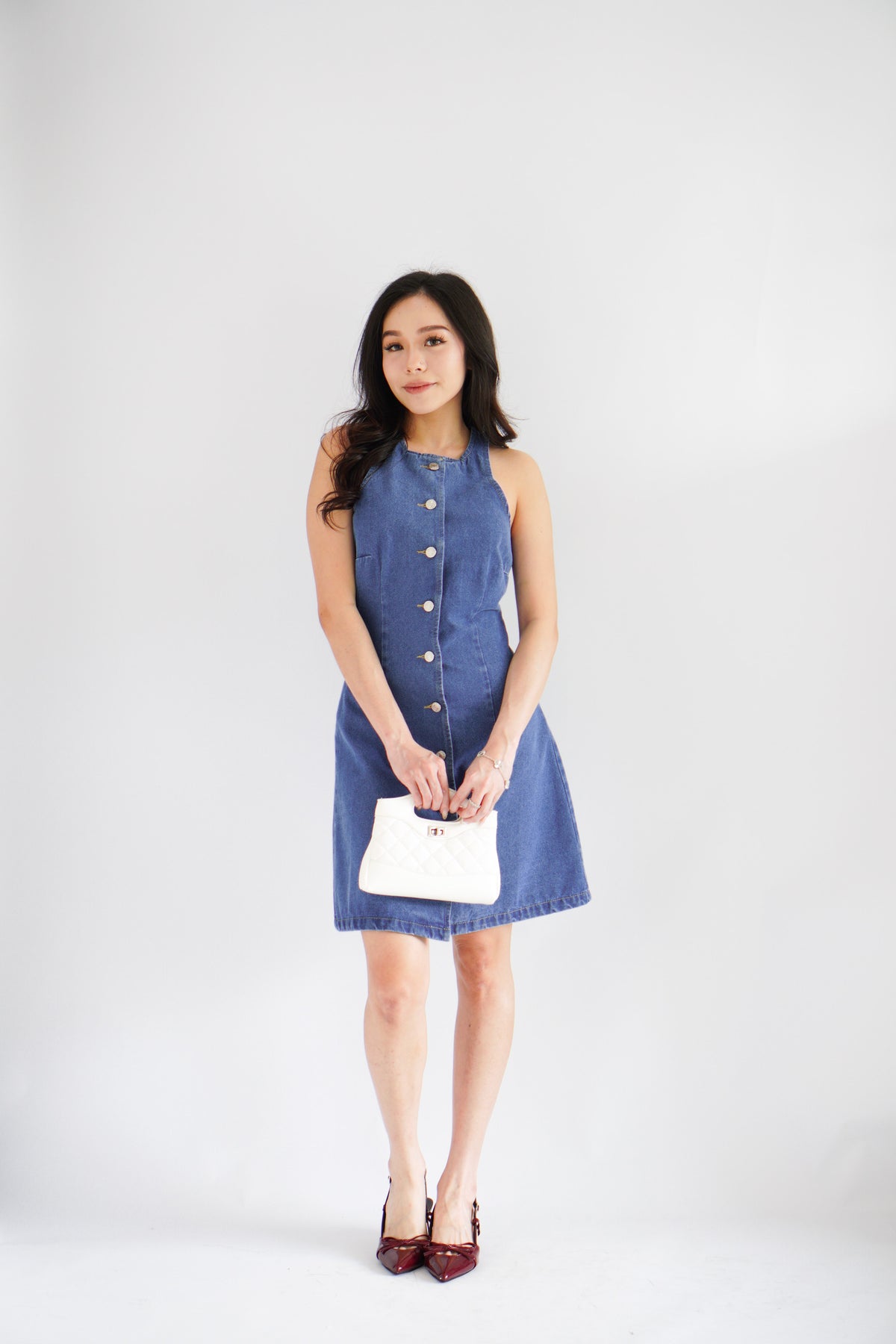 Selah High Neck Button Down Denim Dress in Blue