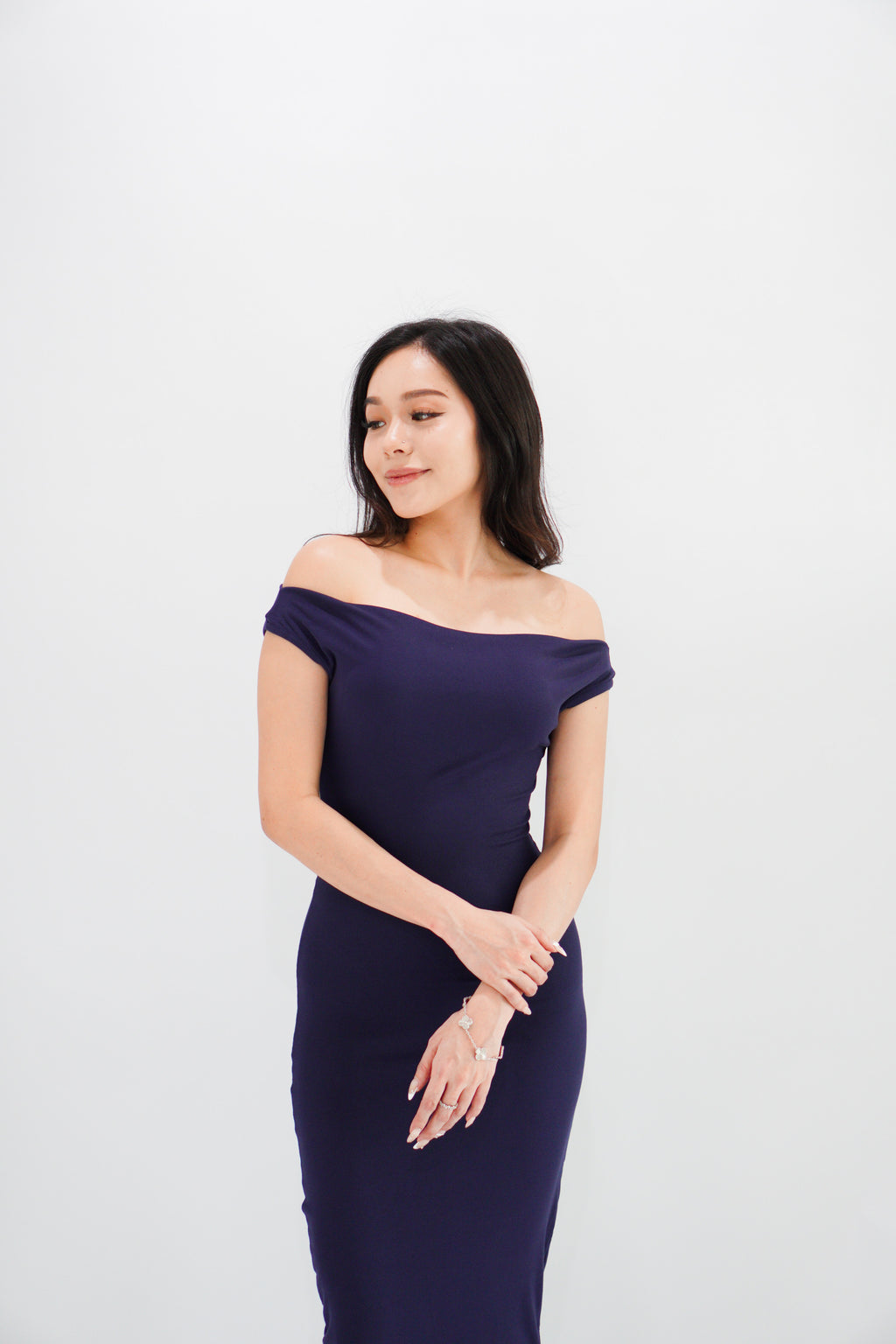Fenka Off Shoulder Ruched Waist Maxi Bodycon Dress in Dark Blue