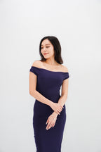 Fenka Off Shoulder Ruched Waist Maxi Bodycon Dress in Dark Blue