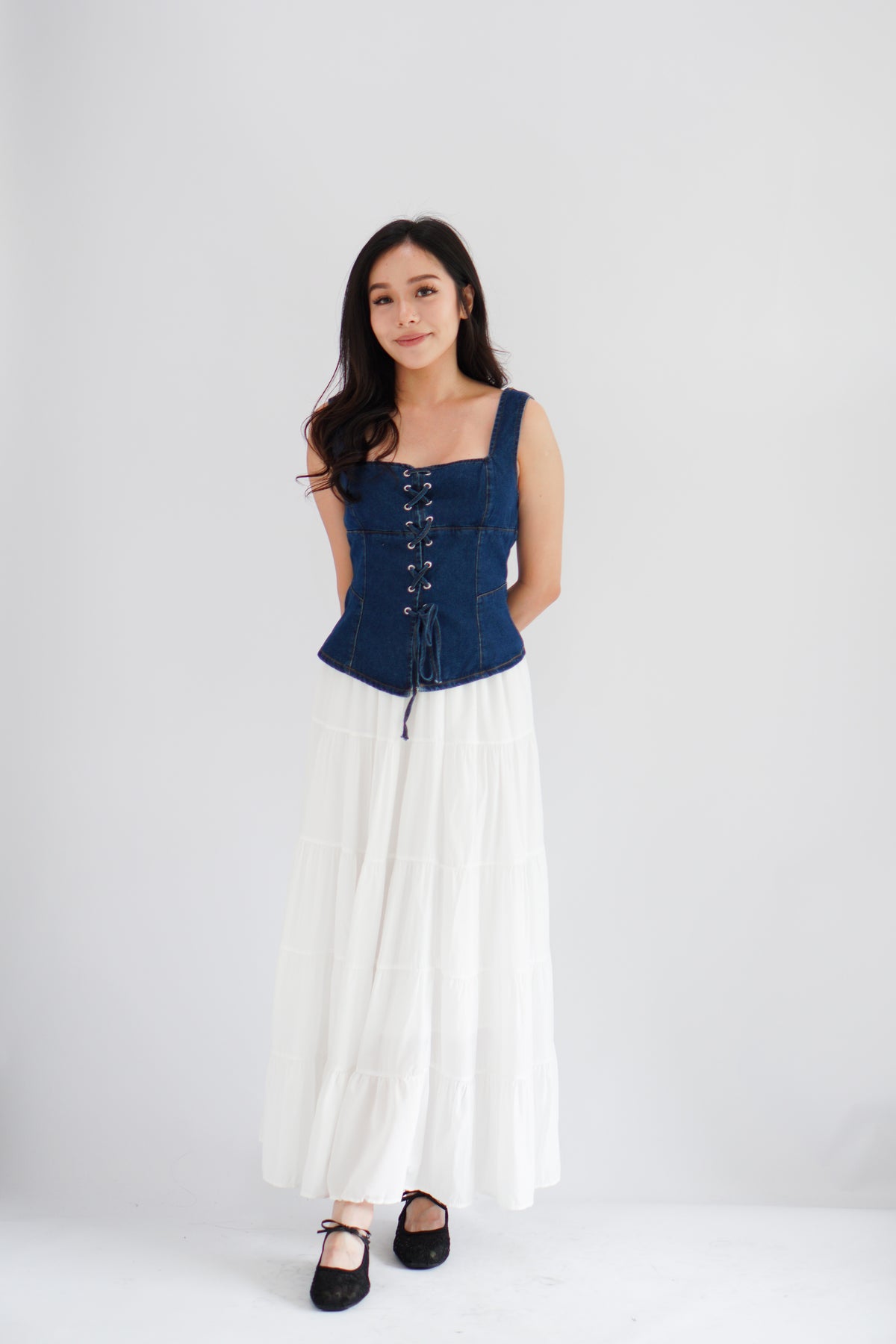Sia Denim Corset Lace Up Top in Blue