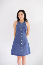 Selah High Neck Button Down Denim Dress in Blue
