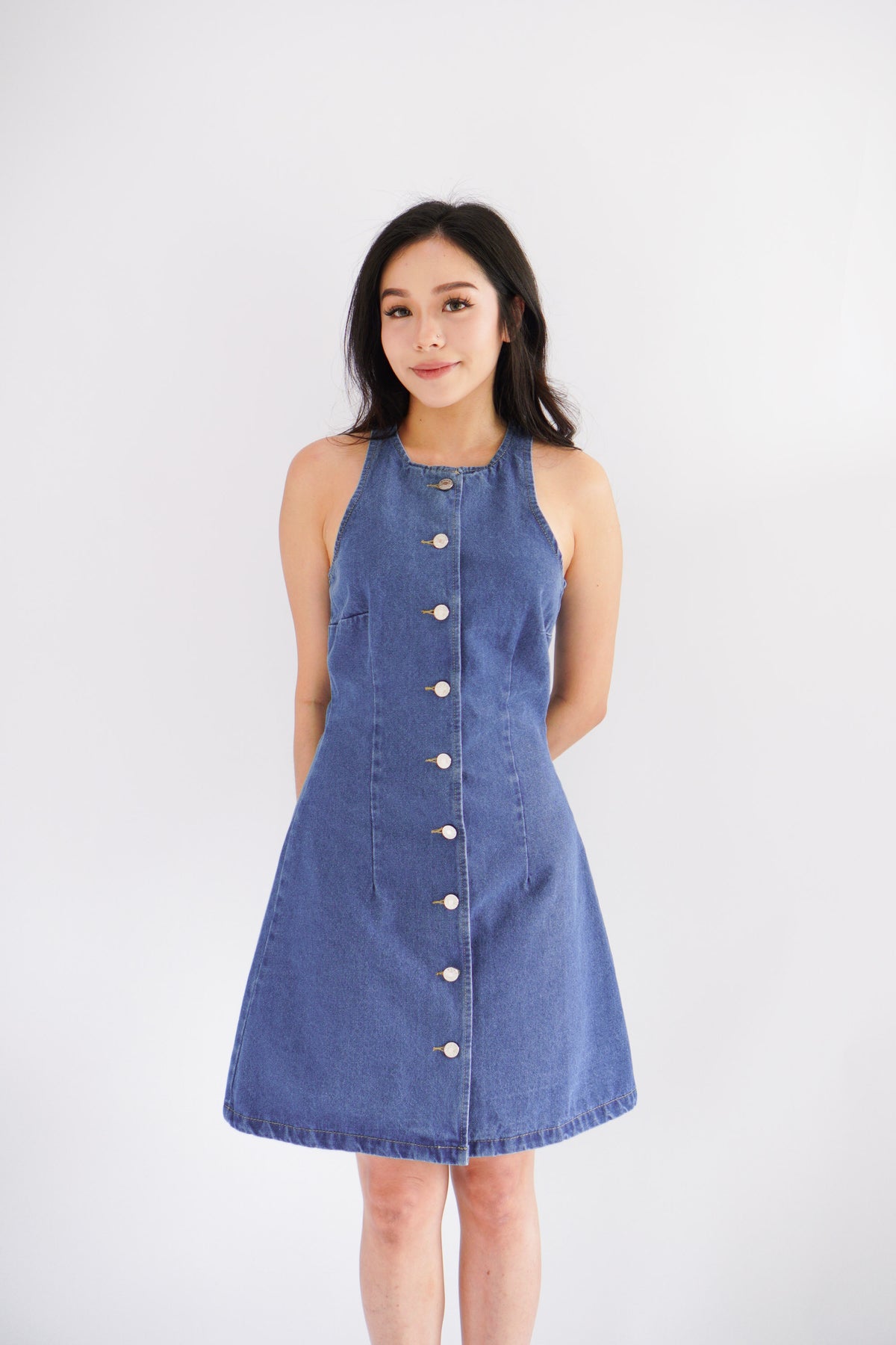 Selah High Neck Button Down Denim Dress in Blue
