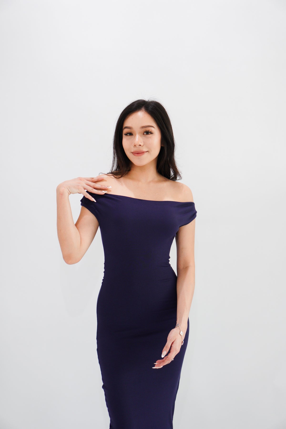 Fenka Off Shoulder Ruched Waist Maxi Bodycon Dress in Dark Blue