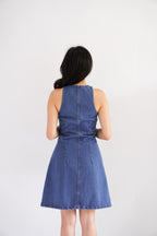 Selah High Neck Button Down Denim Dress in Blue