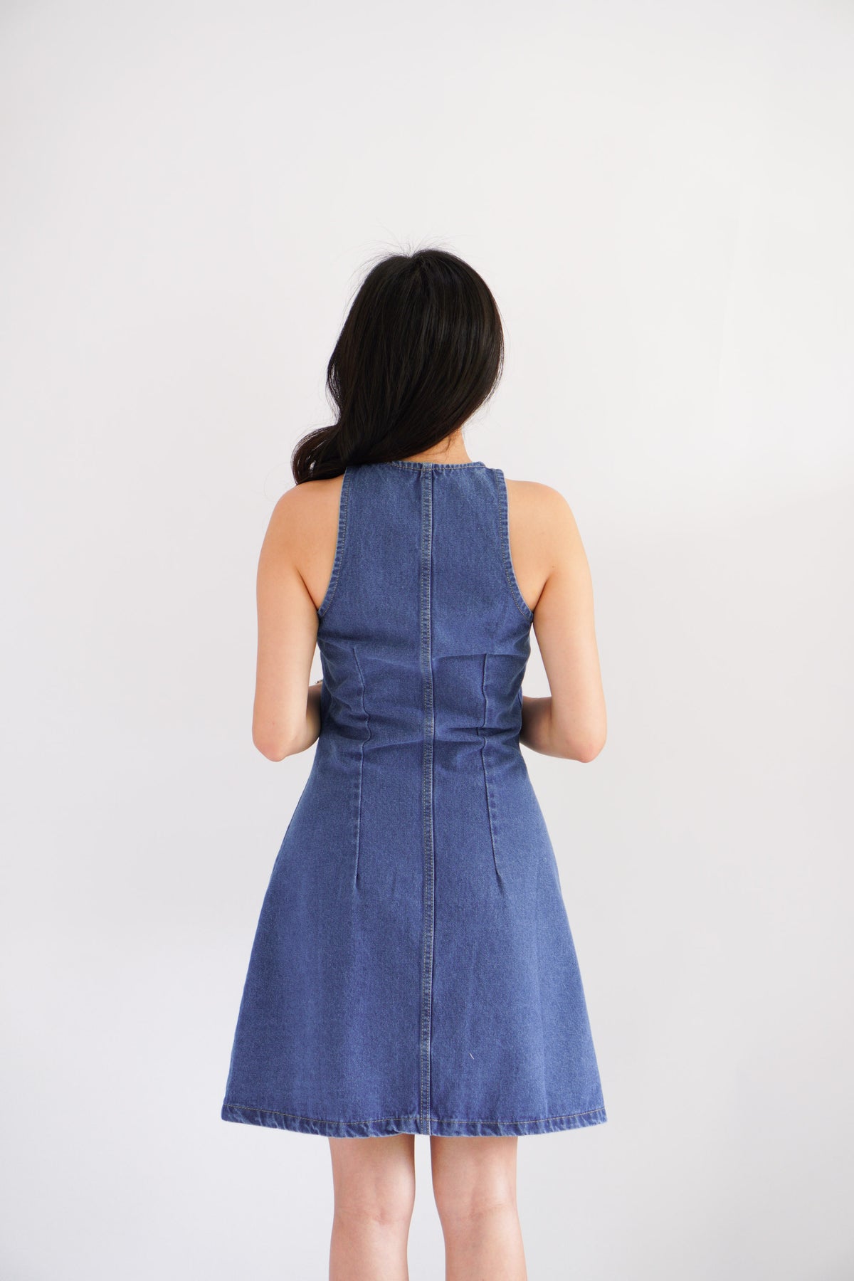 Selah High Neck Button Down Denim Dress in Blue