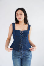 Sia Denim Corset Lace Up Top in Blue
