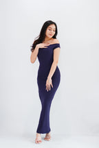 Fenka Off Shoulder Ruched Waist Maxi Bodycon Dress in Dark Blue