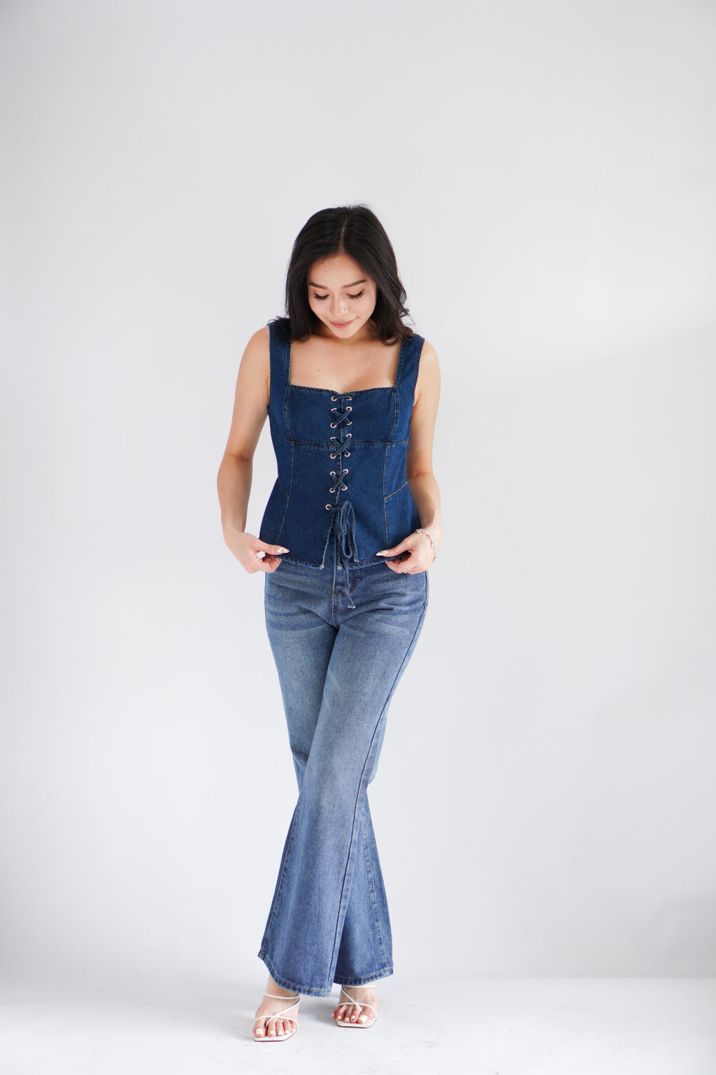 Sia Denim Corset Lace Up Top in Blue